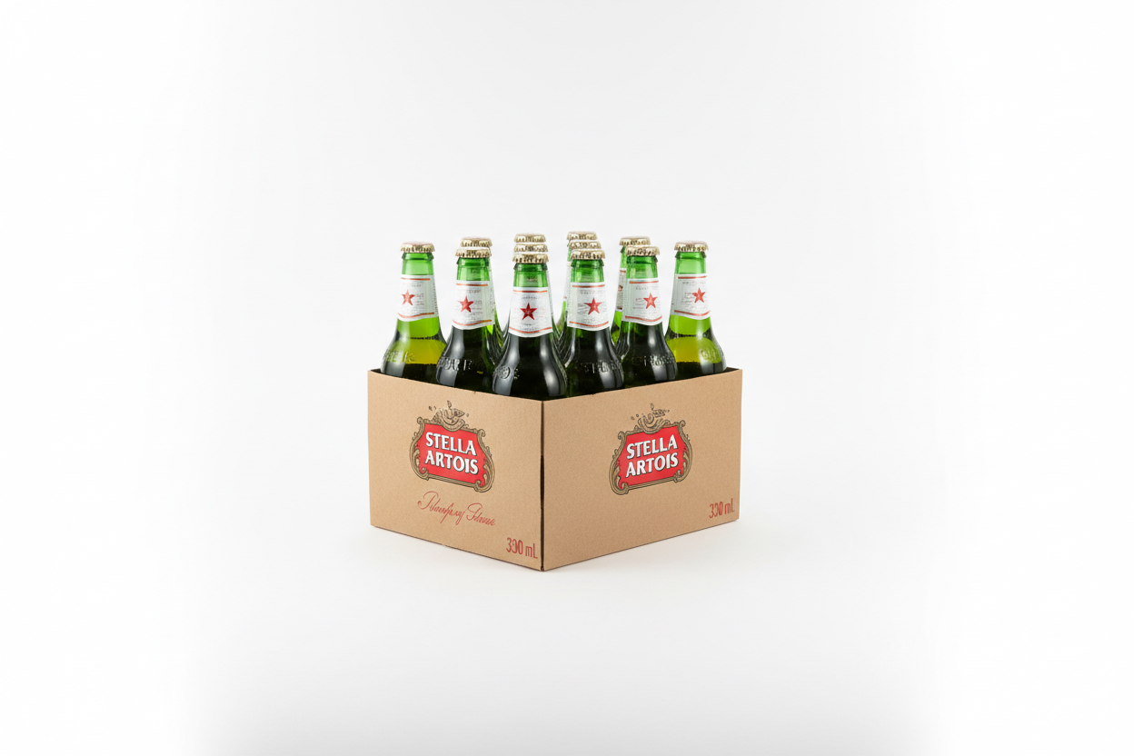 ,A clean studio product photo of a 24-pack of Stella Artois 330 ml glass bottles